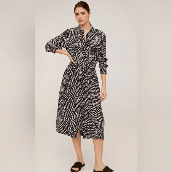 Mango Pockets Black/cream Print Pockets Shirt Dress. Midi. Front tie belt Size 4 - Picture 1 of 15
